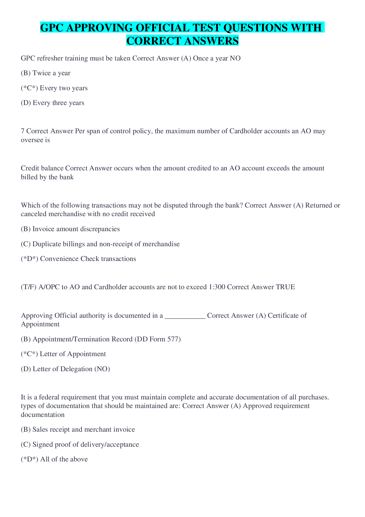 Preview image for GPC APPROVING OFFICIAL TEST QUESTIONS WITH CORRECT ANSWERS